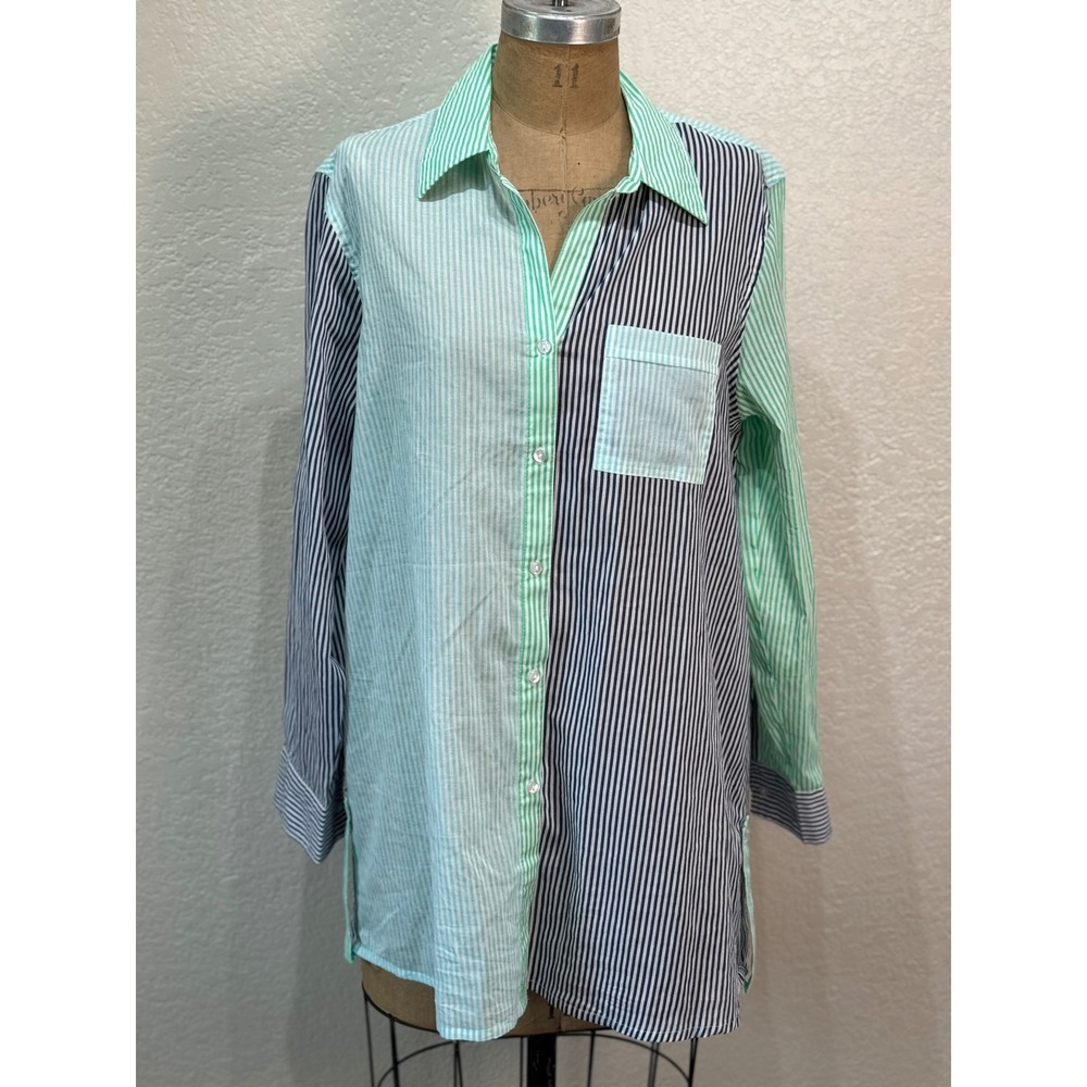 True Destinations Womens Medium Striped Colorblock Button Down Shirt Green Navy